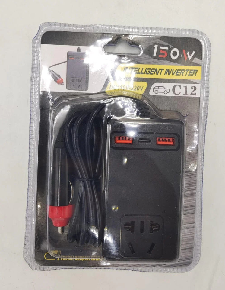 C12 Intelligent Car Power Inverter ⚡ | 150W AC Converter with USB-A & USB-C Ports 🚗🔋